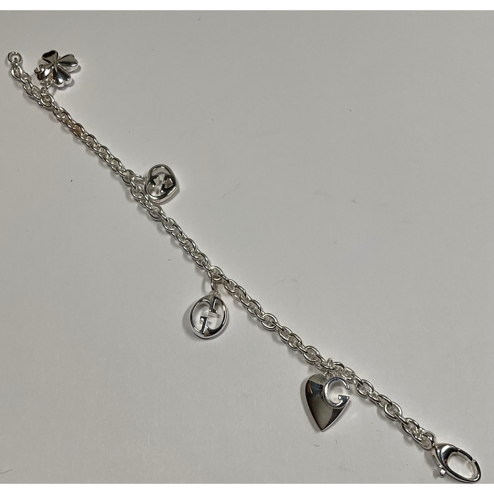 Gucci Sterling Silver Charm Bracelet Heart Clover Interlocking G Size 17